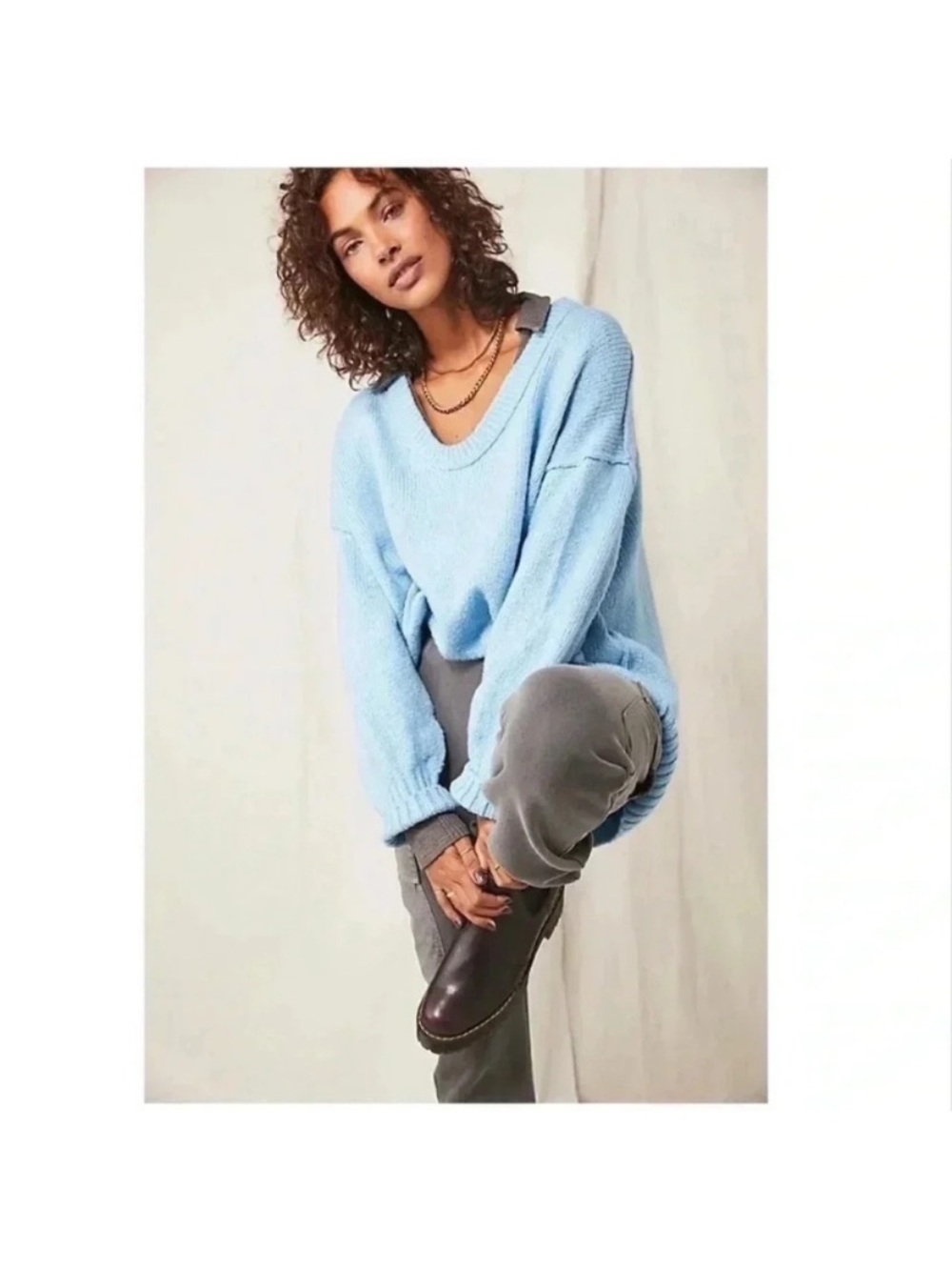 Free People Light Blue Scoop Neck Knit Sweater